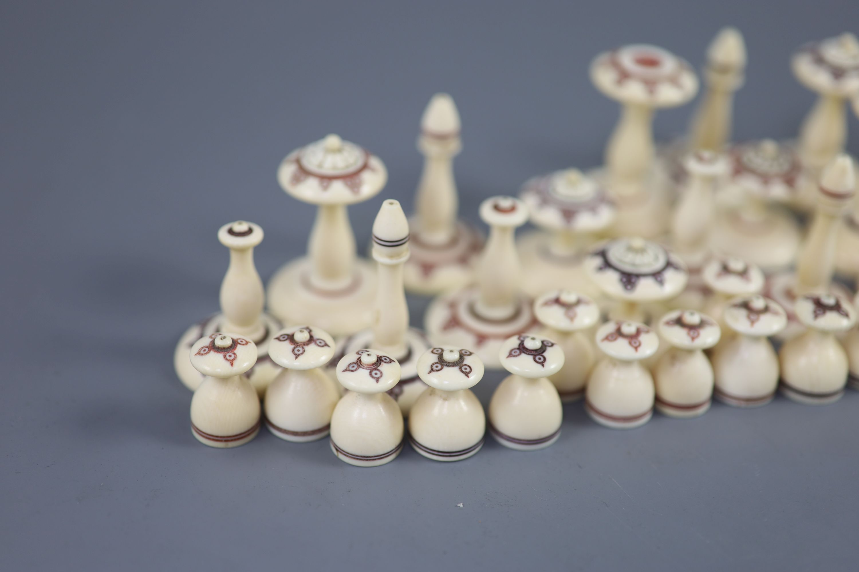 A 19th century Muslim ivory chess set, kings 2in.